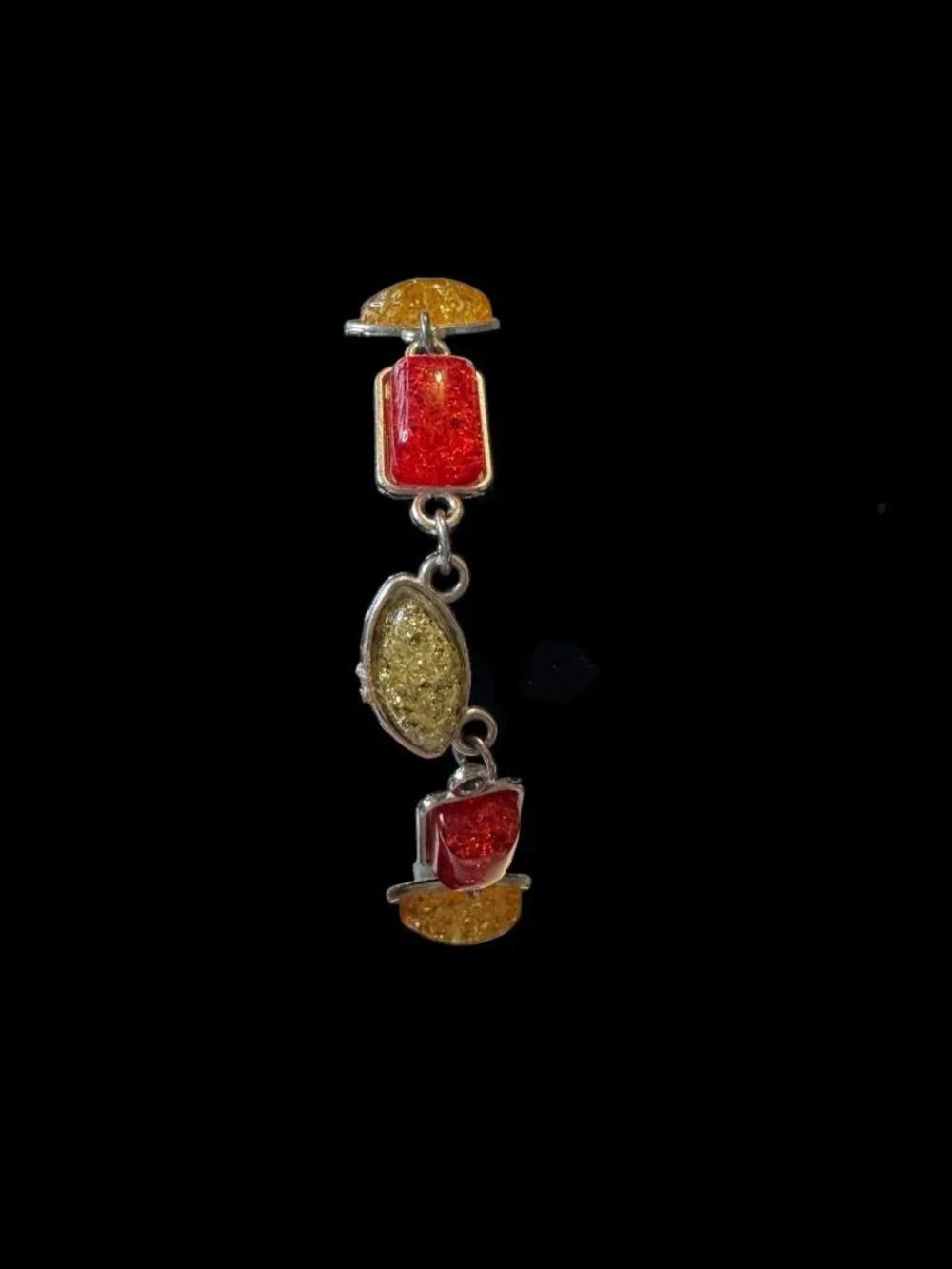 Multicolor Amber Stone & Sterling Silver Link Bracelet 7.5 Inches Lobster Clasp